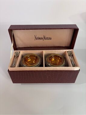Neiman Marcus Amber Glass Salt Cellar Set with Spoons by Godinger Vintage Rare